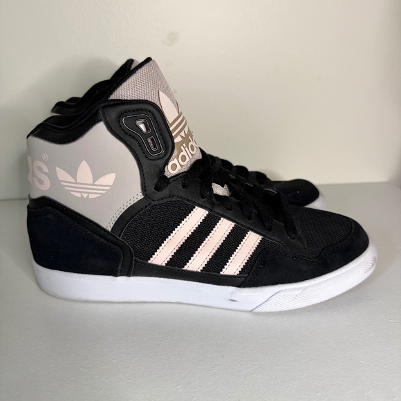 ADIDAS Extaball High Top Sneaker - Black/Grey/Pink | Size Women's 8 - Picture 1 of 8